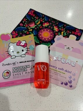Hello Kitty Pink & Pastel Yellow Crème Sheet Mask Duo and Hair/Body Mist/Bag